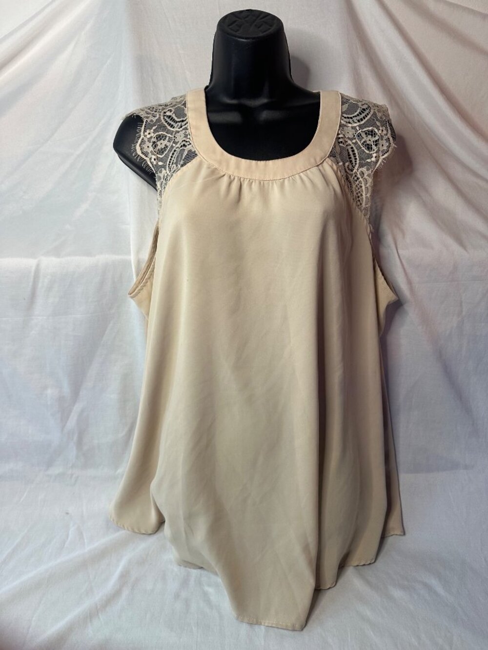 Beige Flowy Sleeveless Blouse With Lace Cap Shoulders & Button Closure
